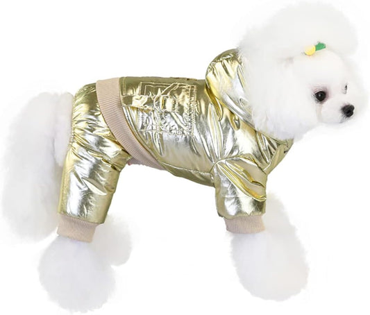 Dog Coat Windproof Jacket Cold Weather Coat 4 Legs Warm Dog Jumpsuit Winter Thick Clothes Space Cotton Dog Coat for Small Dog Medium Cat Gold XXL